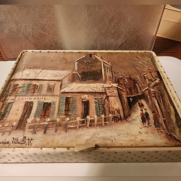 Maurice Utrillo V cover art vintage textile trinket hosiery box by Hanes, 1960's - Picture 2 of 12